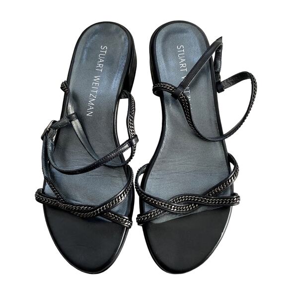 Stuart Weitzman Black Sandals with Chain straps Size 6 Block Heel - Picture 1 of 12